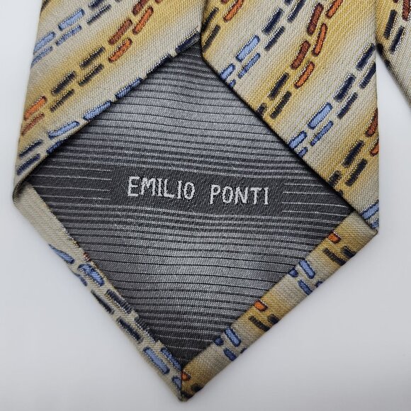 Emilio Ponti Necktie Geometric Silk Gray Yellow Blue Textured Fabric 57" L 4" W - Picture 5 of 7